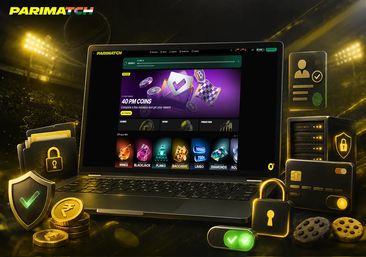 Parimatch policy overview on laptop with KYC documents, cookie settings and data protection symbols