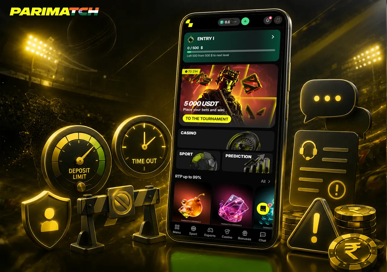 Responsible play concept with phone, limit controls, complaint options and player support cues