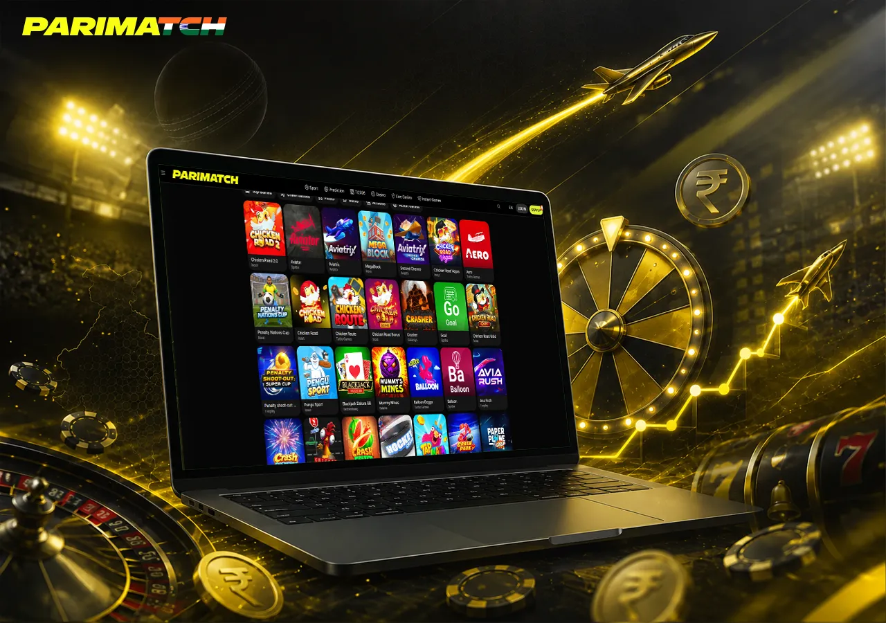 Instant and live games on laptop with plane, wheel and multiplier cues